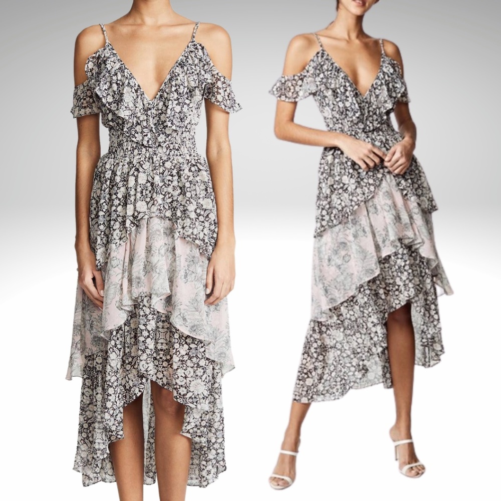 MISA Los Angeles Idalia Floral Tiered Ruffle High Low Maxi Cocktail Dress Small